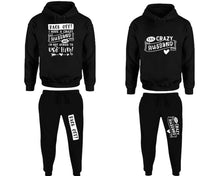 將圖片載入圖庫檢視器 Crazy Husband matching top and bottom set, Black pullover hoodie and sweatpants sets for mens, pullover hoodie and jogger set womens. Matching couple Jogger Pants.