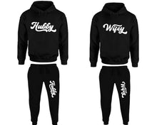 Load image into Gallery viewer, Hubby and Wifey matching top and bottom set, Black pullover hoodie and sweatpants sets for mens, pullover hoodie and jogger set womens. Matching couple Jogger Pants.