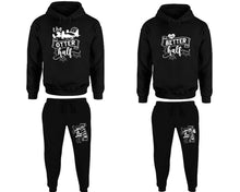 將圖片載入圖庫檢視器 The Better Half matching top and bottom set, Black pullover hoodie and sweatpants sets for mens, pullover hoodie and jogger set womens. Matching couple Jogger Pants.