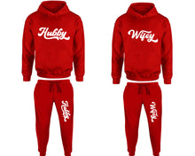 Load image into Gallery viewer, Hubby and Wifey matching top and bottom set, Red pullover hoodie and sweatpants sets for mens, pullover hoodie and jogger set womens. Matching couple Jogger Pants.