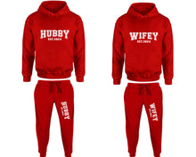 Load image into Gallery viewer, Hubby and Wifey matching top and bottom set, Red pullover hoodie and sweatpants sets for mens, pullover hoodie and jogger set womens. Matching couple Jogger Pants.