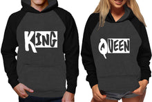 將圖片載入圖庫檢視器 King and Queen raglan hoodies, Matching couple hoodies, Black Charcoal King Queen design on man and woman hoodies