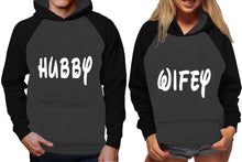 Load image into Gallery viewer, Hubby and Wifey raglan hoodies, Matching couple hoodies, Black Charcoal King Queen design on man and woman hoodies