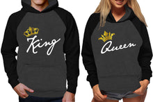 將圖片載入圖庫檢視器 King and Queen raglan hoodies, Matching couple hoodies, Black Charcoal King Queen design on man and woman hoodies