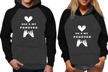 Load image into Gallery viewer, She's My Forever and He's My Forever raglan hoodies, Matching couple hoodies, Black Charcoal his and hers man and woman contrast raglan hoodies