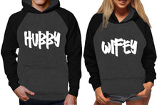 Load image into Gallery viewer, Hubby and Wifey raglan hoodies, Matching couple hoodies, Black Charcoal King Queen design on man and woman hoodies