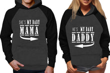 Load image into Gallery viewer, She's My Baby Mama and He's My Baby Daddy raglan hoodies, Matching couple hoodies, Black Charcoal his and hers man and woman contrast raglan hoodies