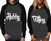 Load image into Gallery viewer, Hubby and Wifey raglan hoodies, Matching couple hoodies, Black Charcoal his and hers man and woman contrast raglan hoodies
