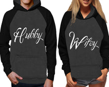 Load image into Gallery viewer, Hubby and Wifey raglan hoodies, Matching couple hoodies, Black Charcoal his and hers man and woman contrast raglan hoodies