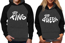 Load image into Gallery viewer, Her King and His Queen raglan hoodies, Matching couple hoodies, Black Charcoal King Queen design on man and woman hoodies