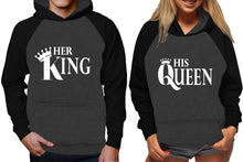 Load image into Gallery viewer, Her King and His Queen raglan hoodies, Matching couple hoodies, Black Charcoal King Queen design on man and woman hoodies