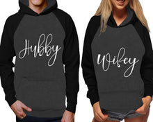 將圖片載入圖庫檢視器 Hubby and Wifey raglan hoodies, Matching couple hoodies, Black Charcoal his and hers man and woman contrast raglan hoodies