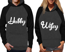 Load image into Gallery viewer, Hubby and Wifey raglan hoodies, Matching couple hoodies, Black Charcoal his and hers man and woman contrast raglan hoodies