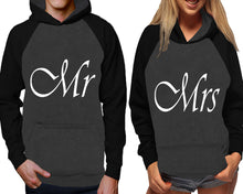 Load image into Gallery viewer, Mr and Mrs raglan hoodies, Matching couple hoodies, Black Charcoal his and hers man and woman contrast raglan hoodies