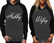 將圖片載入圖庫檢視器 Hubby and Wifey raglan hoodies, Matching couple hoodies, Black Charcoal his and hers man and woman contrast raglan hoodies