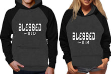 Load image into Gallery viewer, Blessed for Her and Blessed for Him raglan hoodies, Matching couple hoodies, Black Charcoal his and hers man and woman contrast raglan hoodies