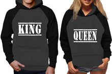 將圖片載入圖庫檢視器 King and Queen raglan hoodies, Matching couple hoodies, Black Charcoal King Queen design on man and woman hoodies