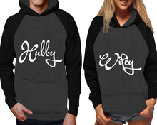 Load image into Gallery viewer, Hubby and Wifey raglan hoodies, Matching couple hoodies, Black Charcoal his and hers man and woman contrast raglan hoodies