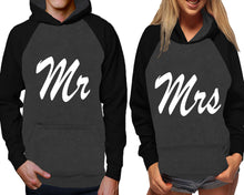 Load image into Gallery viewer, Mr and Mrs raglan hoodies, Matching couple hoodies, Black Charcoal his and hers man and woman contrast raglan hoodies