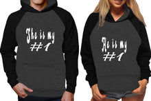 Load image into Gallery viewer, She's My Number 1 and He's My Number 1 raglan hoodies, Matching couple hoodies, Black Charcoal his and hers man and woman contrast raglan hoodies