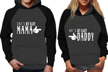 Load image into Gallery viewer, She's My Baby Mama and He's My Baby Daddy raglan hoodies, Matching couple hoodies, Black Charcoal his and hers man and woman contrast raglan hoodies