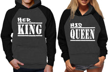 Load image into Gallery viewer, Her King and His Queen raglan hoodies, Matching couple hoodies, Black Charcoal King Queen design on man and woman hoodies