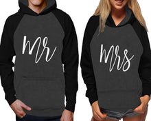 Load image into Gallery viewer, Mr and Mrs raglan hoodies, Matching couple hoodies, Black Charcoal his and hers man and woman contrast raglan hoodies