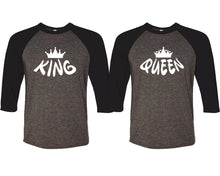 Load image into Gallery viewer, King and Queen matching couple baseball shirts.Couple shirts, Black Charcoal 3/4 sleeve baseball t shirts. Couple matching shirts.
