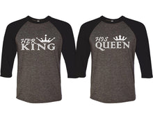 Load image into Gallery viewer, Her King and His Queen matching couple baseball shirts.Couple shirts, Black Charcoal 3/4 sleeve baseball t shirts. Couple matching shirts.