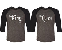 Load image into Gallery viewer, Her King and His Queen matching couple baseball shirts.Couple shirts, Black Charcoal 3/4 sleeve baseball t shirts. Couple matching shirts.