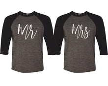 Load image into Gallery viewer, Mr and Mrs matching couple baseball shirts.Couple shirts, Black Charcoal 3/4 sleeve baseball t shirts. Couple matching shirts.