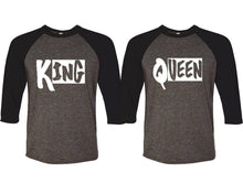 Load image into Gallery viewer, King and Queen matching couple baseball shirts.Couple shirts, Black Charcoal 3/4 sleeve baseball t shirts. Couple matching shirts.