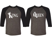 Load image into Gallery viewer, King and Queen matching couple baseball shirts.Couple shirts, Black Charcoal 3/4 sleeve baseball t shirts. Couple matching shirts.