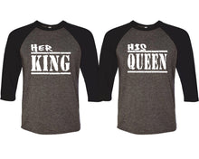 Load image into Gallery viewer, Her King and His Queen matching couple baseball shirts.Couple shirts, Black Charcoal 3/4 sleeve baseball t shirts. Couple matching shirts.