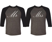 Load image into Gallery viewer, Mr and Mrs matching couple baseball shirts.Couple shirts, Black Charcoal 3/4 sleeve baseball t shirts. Couple matching shirts.