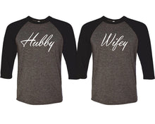 將圖片載入圖庫檢視器 Hubby and Wifey matching couple baseball shirts.Couple shirts, Black Charcoal 3/4 sleeve baseball t shirts. Couple matching shirts.