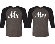 Load image into Gallery viewer, Mr and Mrs matching couple baseball shirts.Couple shirts, Black Charcoal 3/4 sleeve baseball t shirts. Couple matching shirts.