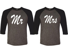 Load image into Gallery viewer, Mr and Mrs matching couple baseball shirts.Couple shirts, Black Charcoal 3/4 sleeve baseball t shirts. Couple matching shirts.