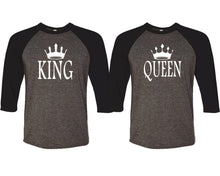 Load image into Gallery viewer, King and Queen matching couple baseball shirts.Couple shirts, Black Charcoal 3/4 sleeve baseball t shirts. Couple matching shirts.