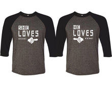 將圖片載入圖庫檢視器 She Loves Me and He Loves Me matching couple baseball shirts.Couple shirts, Black Charcoal 3/4 sleeve baseball t shirts. Couple matching shirts.