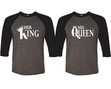 Load image into Gallery viewer, Her King and His Queen matching couple baseball shirts.Couple shirts, Black Charcoal 3/4 sleeve baseball t shirts. Couple matching shirts.