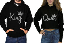 將圖片載入圖庫檢視器 King and Queen hoodies, Matching couple hoodies, Black pullover hoodie for man Black crop top hoodie for woman