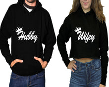 Load image into Gallery viewer, Hubby and Wifey hoodies, Matching couple hoodies, Black pullover hoodie for man Black crop top hoodie for woman
