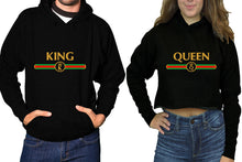 將圖片載入圖庫檢視器 King and Queen hoodies, Matching couple hoodies, Black pullover hoodie for man Black crop top hoodie for woman