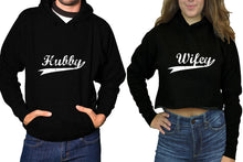 Load image into Gallery viewer, Hubby and Wifey hoodies, Matching couple hoodies, Black pullover hoodie for man Black crop hoodie for woman