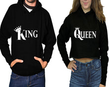 將圖片載入圖庫檢視器 King and Queen hoodies, Matching couple hoodies, Black pullover hoodie for man Black crop top hoodie for woman