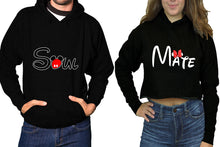將圖片載入圖庫檢視器 Soul and Mate hoodies, Matching couple hoodies, Black pullover hoodie for man Black crop top hoodie for woman
