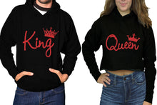 將圖片載入圖庫檢視器 King and Queen hoodies, Matching couple hoodies, Black pullover hoodie for man Black crop top hoodie for woman