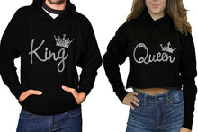 Load image into Gallery viewer, King and Queen hoodies, Matching couple hoodies, Black pullover hoodie for man Black crop top hoodie for woman