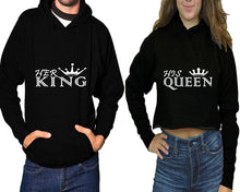 Load image into Gallery viewer, Her King and His Queen hoodies, Matching couple hoodies, Black pullover hoodie for man Black crop top hoodie for woman